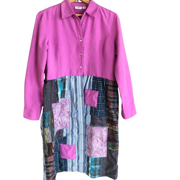 Boho Patchwork Duster Dress, S-M: Upcycled Pink Bohemian Layering Outerwear - Picture 6 of 12